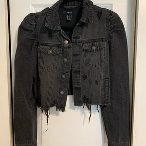 Distressed crop black denim jacket